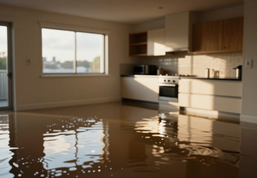 Water-damaged kitchen in North Narrabeen before restoration